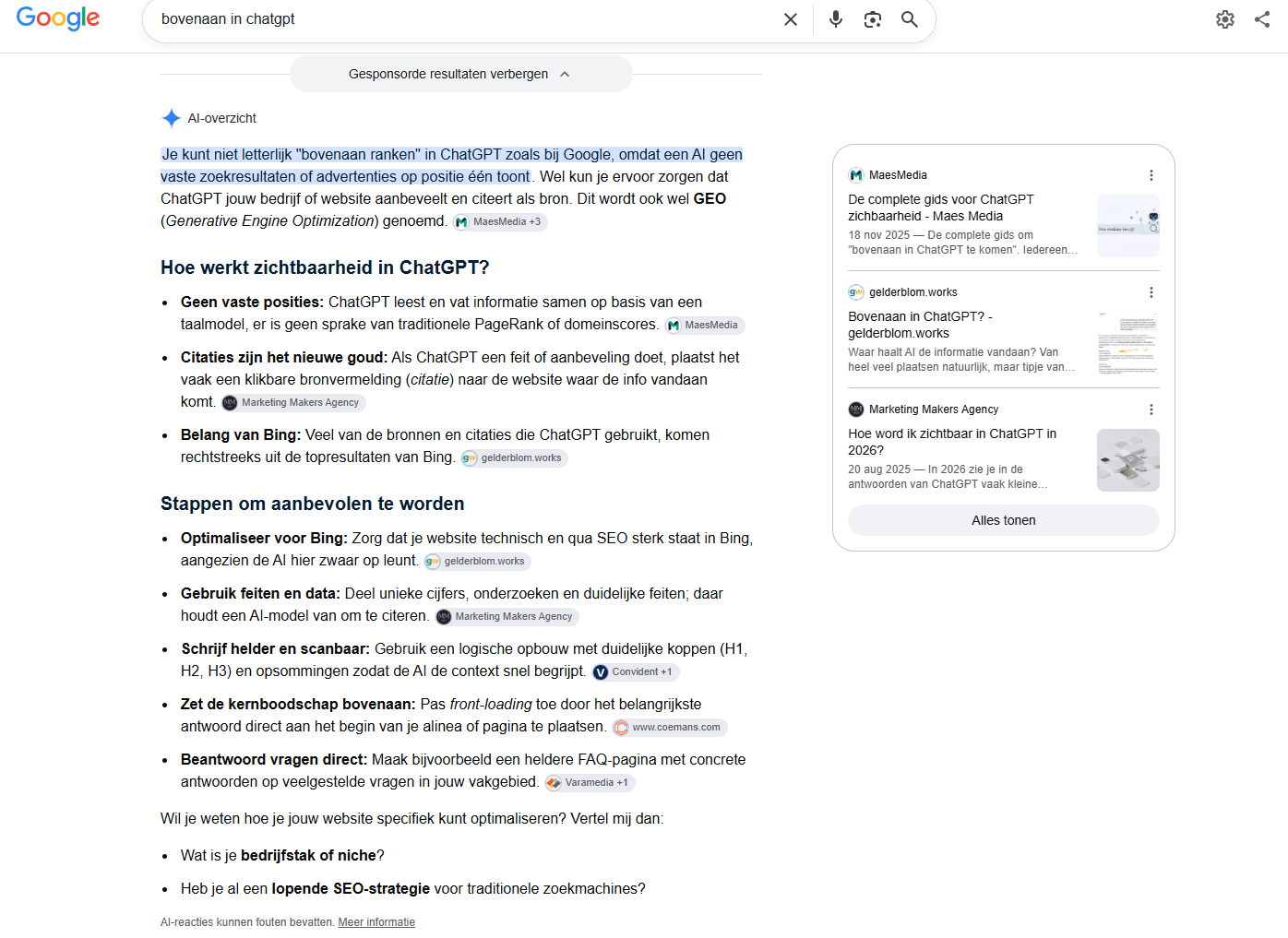 Google AI-overzicht bij bovenaan in chatgpt, met bronkaarten van MaesMedia, gelderblom.works en Marketing Makers Agency.