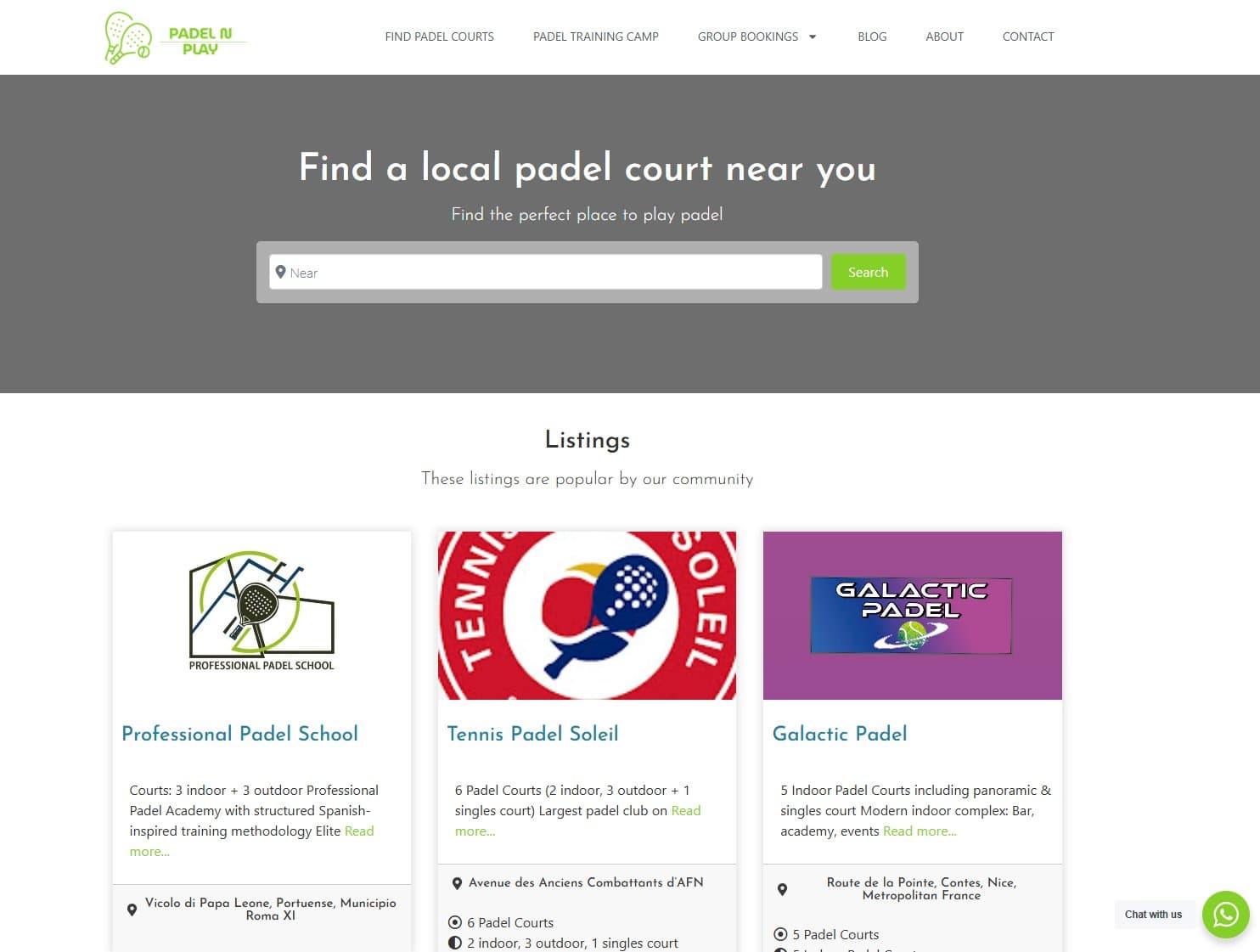 Screenshot van Padel N Play, een internationale padeldirectory