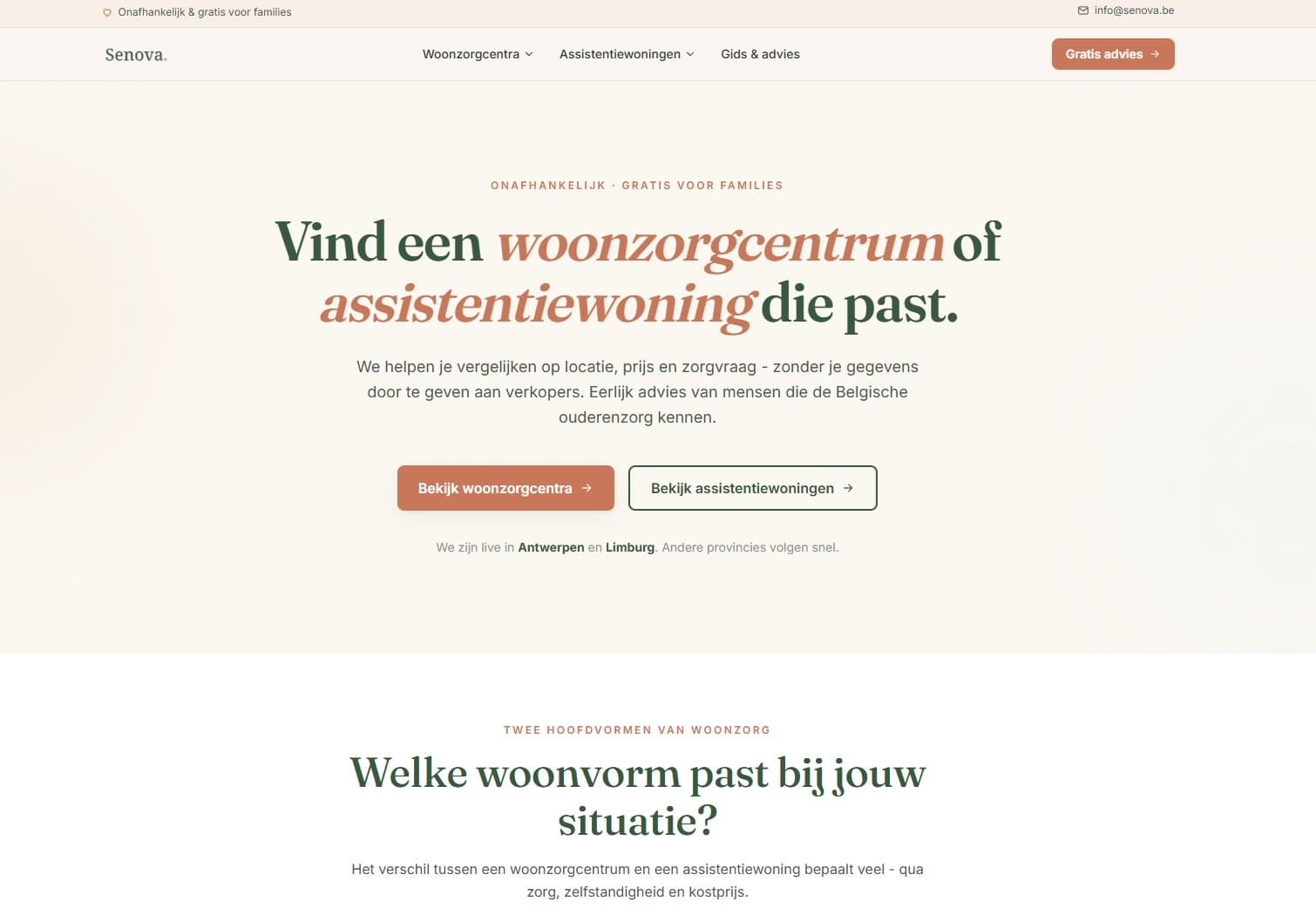 Screenshot van Senova, een overzicht van woonzorgcentra