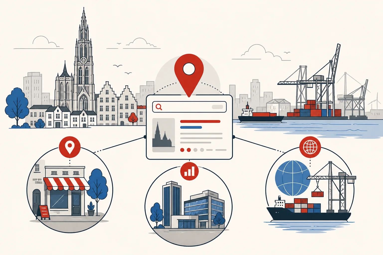 Antwerpse zoekmarkt met lokale winkels, stedelijke bedrijven en havengebonden internationale ondernemingen